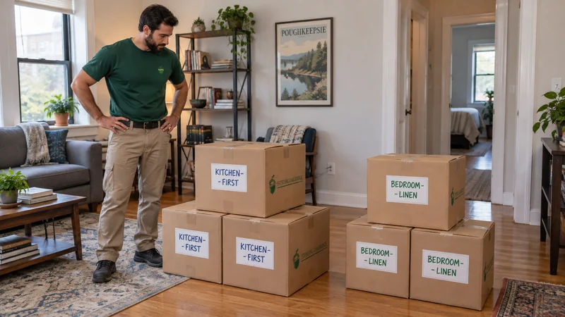 Sealed cartons are separated into kitchen-first and bedroom-linen groups A Sterling Oakbridge worker beside separate completed carton groups labeled KITCHEN - FIRST and BEDROOM - LINEN