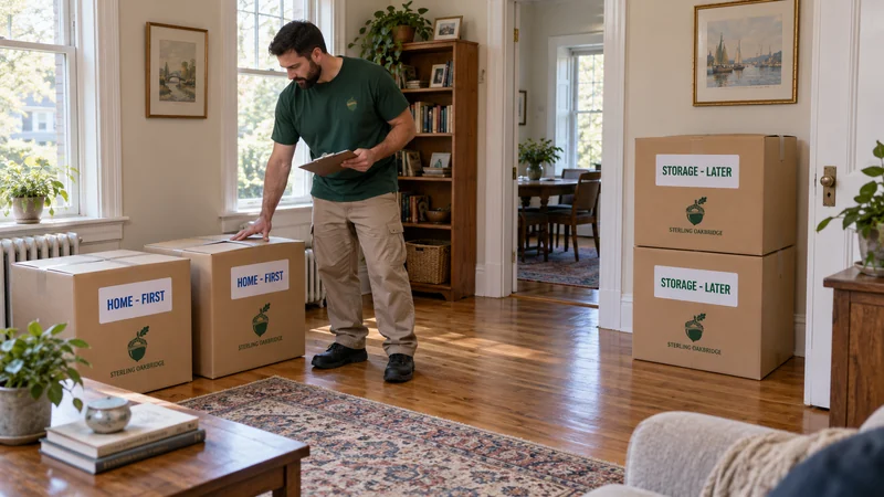 Home-first and storage-later groups A Sterling Oakbridge worker beside separate completed carton groups labeled HOME - FIRST and STORAGE - LATER
