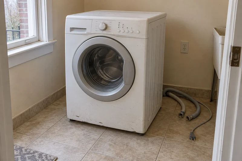 An old washer reviewed before an illustrative Philadelphia appliance replacement An old freestanding washing machine reviewed before an illustrative Philadelphia replacement