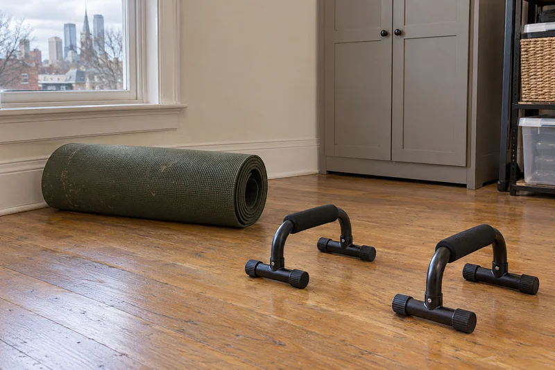 A used exercise mat and two push-up bars reviewed before an illustrative Philadelphia interstate move A used exercise mat and two push-up bars reviewed before an illustrative Philadelphia interstate move