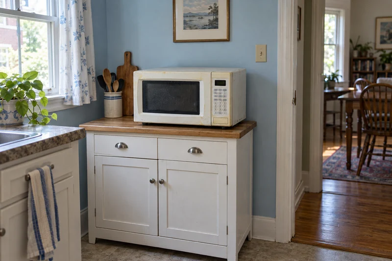 Old white countertop microwave on a retained kitchen cabinet A worn white countertop microwave on a retained cabinet before replacement and collection planning
