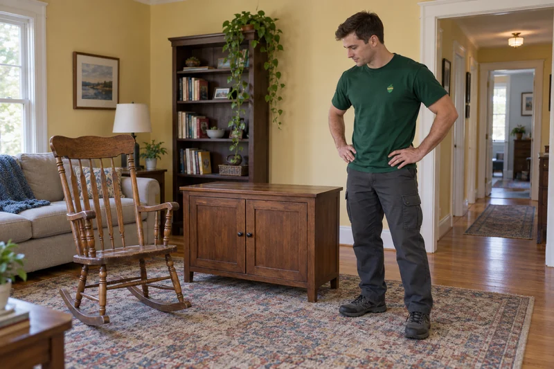 Rocking chair and closed media cabinet reviewed before a household split A rocking chair and closed media cabinet reviewed in a modest room before the local household split