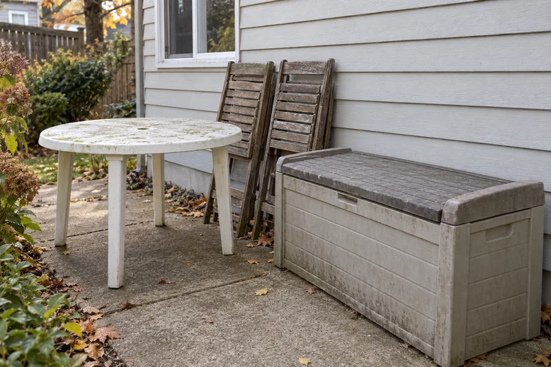 Weathered patio table, folded deck chairs and closed storage chest A used round patio table, two folded deck chairs and a closed resin storage chest beside a clear private path