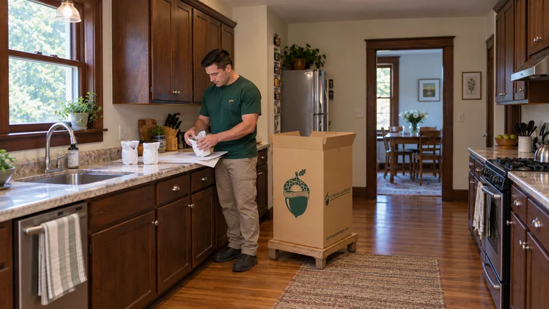 Small fragile glassware protected before loading A mover wraps a clear drinking glass over a padded kitchen counter beside a tall china carton
