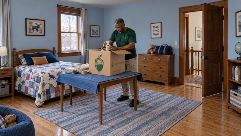 Retained children's belongings follow the final-night plan A mover packs a soft toy into a medium carton while one familiar toy stays on a separate dresser