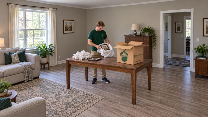 Protected small frames opened onto a flat surface A mover unwraps a small glazed family frame close over a padded flat table in a receiving living room