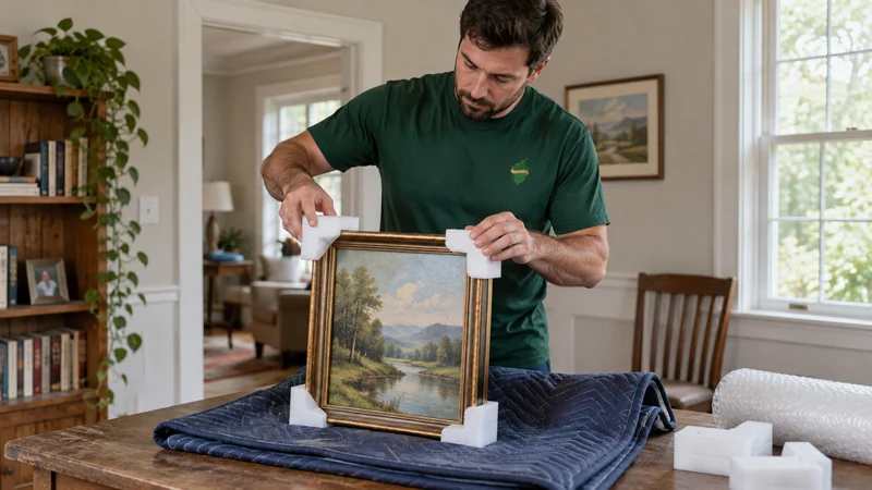 A mover preparing protective supports beside a small framed painting A mover preparing protective supports beside a small framed painting