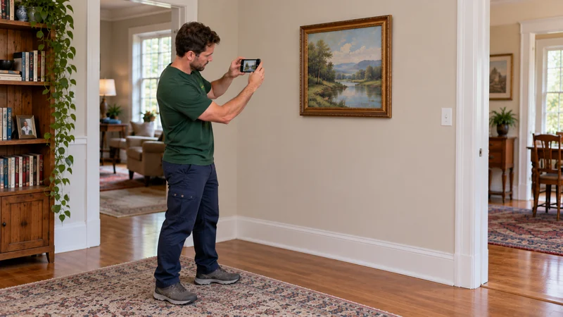 Condition photography on the existing wall A mover uses a horizontal smartphone to photograph a framed landscape on a client-home wall.