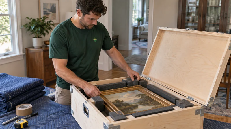 A small framed work supported inside a purpose-made transport crate A small framed work supported inside a purpose-made transport crate