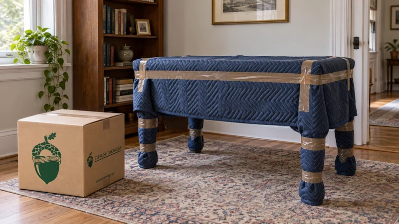 An emptied antique-style writing desk protected with separate moving blankets An emptied antique-style writing desk protected with separate moving blankets