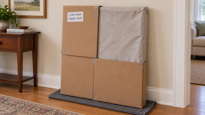 Fitting picture-carton sections around a protected print A paper-protected framed print leans at a living-room wall with three overlapping carton sections and an item label.