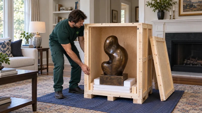 Sculpture fit at client property A sculpture supported by its strong base in a prepared crate at a client home.