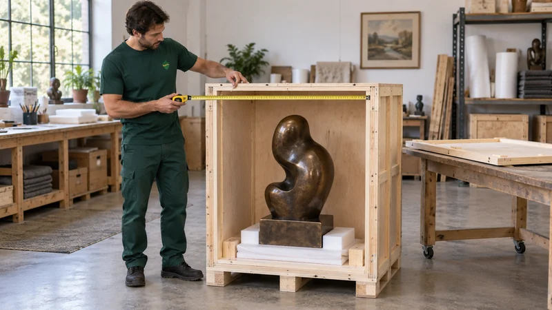 A mover measuring an open reinforced plywood crate during a bronze sculpture fit check A mover measuring an open reinforced plywood crate during a bronze sculpture fit check