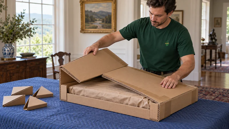 A mover closing double-wall cardboard panels around a paper-wrapped framed piece, with picture corners beside the package A mover closing double-wall cardboard panels around a paper-wrapped framed piece, with picture corners beside the package