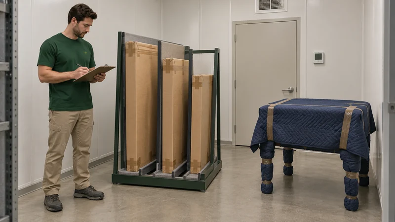 Packed artworks separated in a supported rack beside a blanket-protected antique desk in an enclosed storage room Packed artworks separated in a supported rack beside a blanket-protected antique desk in an enclosed storage room