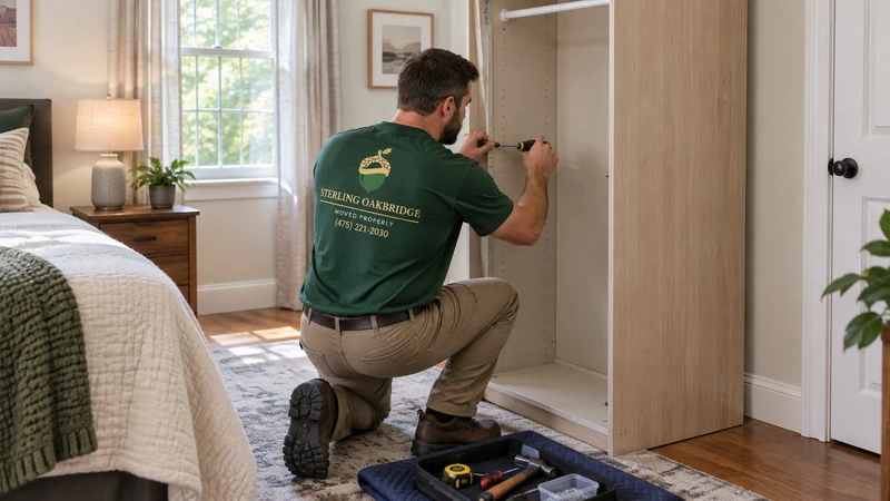 A mover working on a supported wardrobe frame in its receiving room A mover working on a supported wardrobe frame in its receiving room