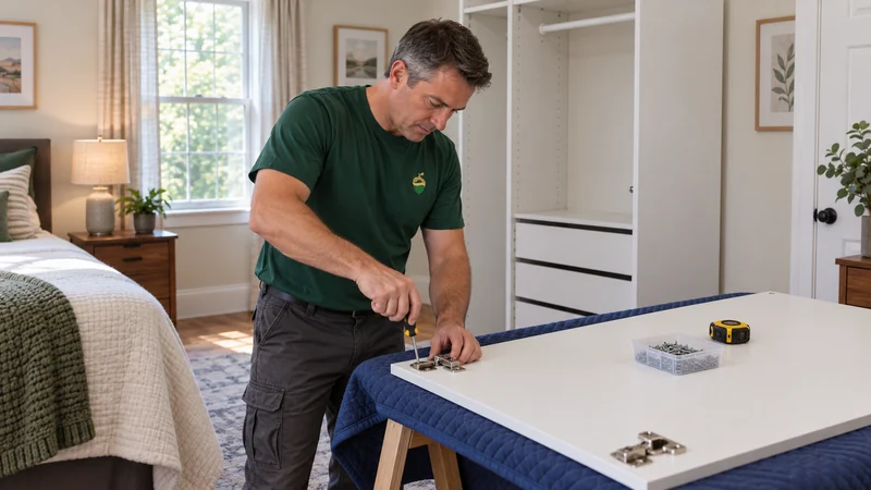 A mover fitting a concealed hinge to a wardrobe door supported flat on a padded surface