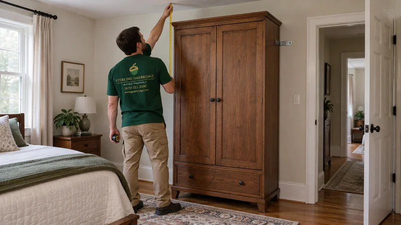 A mover checking ceiling clearance beside an anchored wardrobe A mover checking ceiling clearance beside an anchored wardrobe