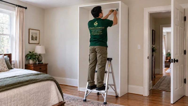 A mover on a stable step ladder securing the high inside rear corner of a wardrobe