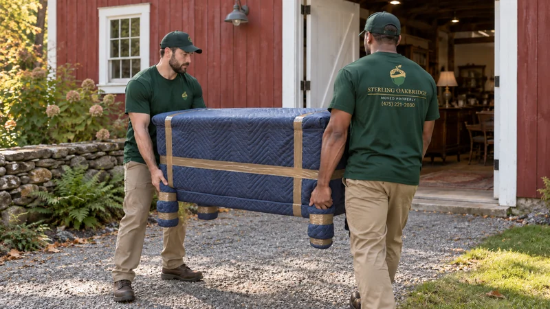 Movers carrying a protected sideboard from a representative estate-sale property