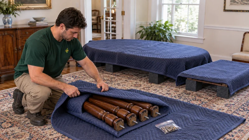 Four removed table legs are grouped in a blanket beside the protected tabletop and hardware Four removed table legs being bundled in one moving blanket beside a protected tabletop