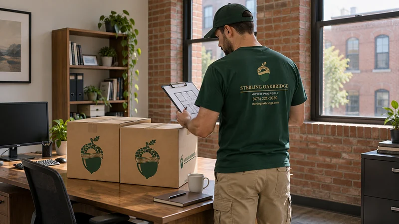 A mover checking an office destination plan before equipment is packed A mover checking an office destination plan before equipment is packed