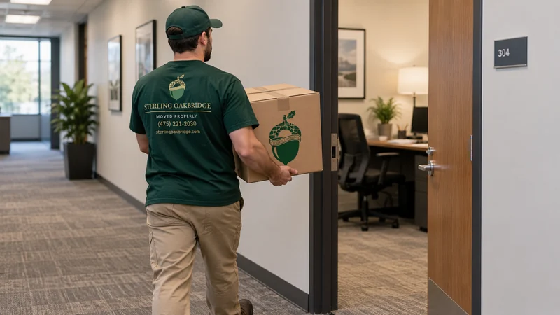 A mover carrying a sealed office carton along a clear corridor A mover carrying a sealed office carton along a clear corridor