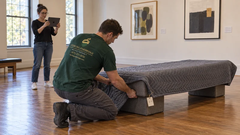 Protecting a gallery bench before moving A mover protects a gallery bench with a moving blanket