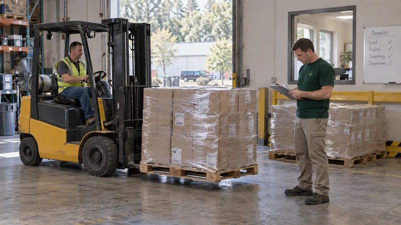 The customer moves the wrapped pallet; the driver checks the paperwork