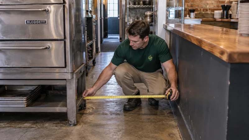A mover measures the gap between the oven and counter