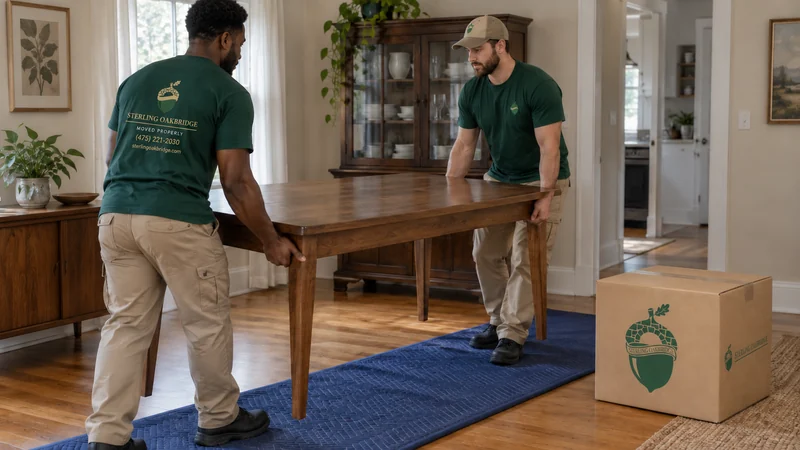 Two movers positioning a dining table in its receiving room
