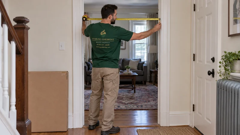 A mover measuring the receiving doorway before a delivery