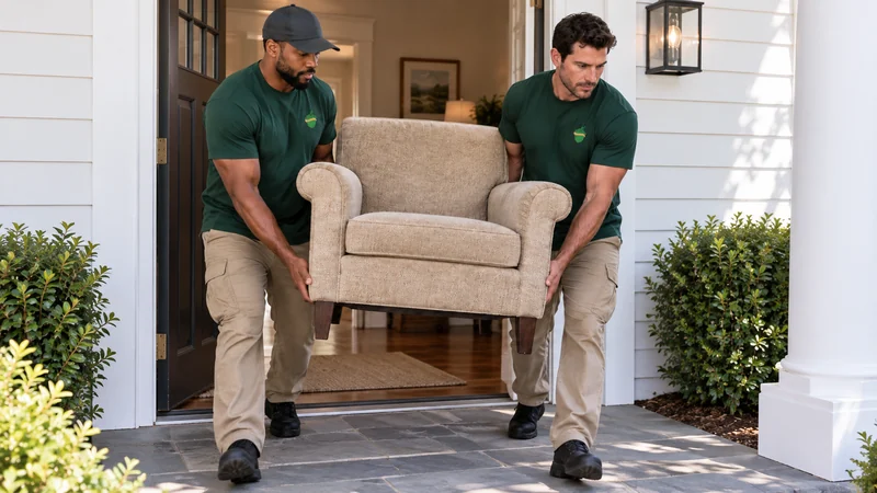 Two movers carrying a used armchair out of the house onto an exterior paved porch Two movers carrying a used armchair out of the house onto an exterior paved porch