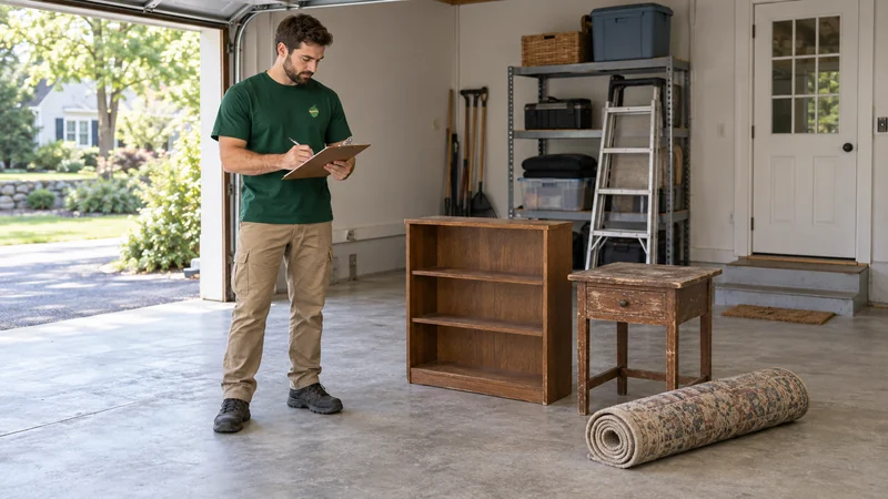 A mover recording a separated group of used furniture in a clean residential garage A mover recording a separated group of used furniture in a clean residential garage