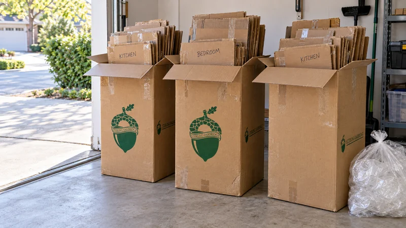 Used flattened cartons with tape residue and room notes grouped in open large cartons beside a clear garage exit Used flattened cartons with tape residue and room notes grouped in open large cartons beside a clear garage exit