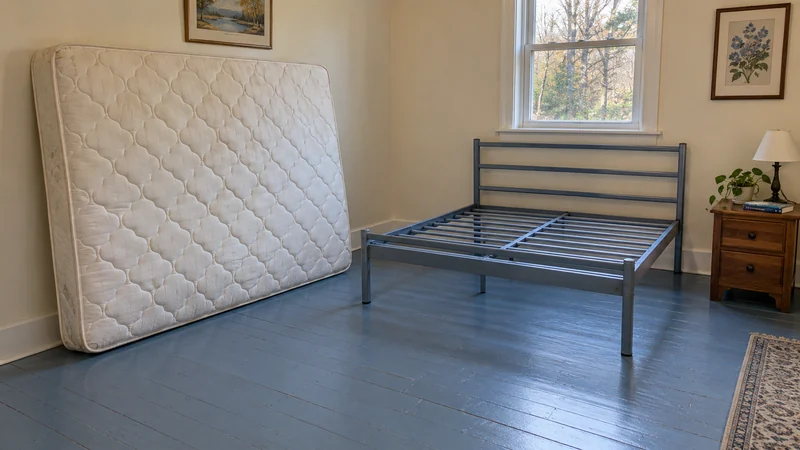 A used mattress stands beside an empty metal bed frame An older whole queen mattress reviewed apart from a retained frame in a private Poughkeepsie bedroom