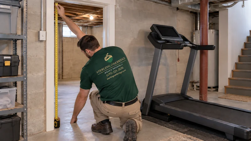 A mover measuring a basement doorway beside an unplugged treadmill