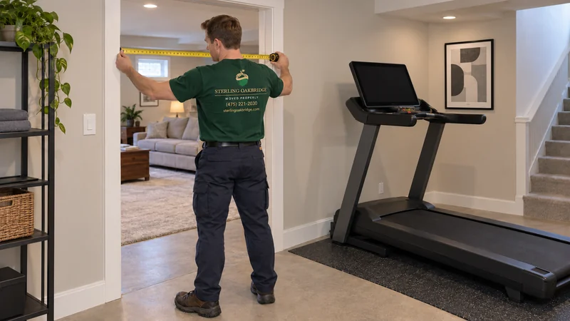 A worker measures a basement doorway beside a treadmill A mover measuring a basement doorway beside an unplugged treadmill