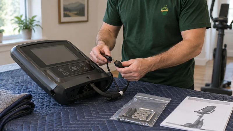 A disconnected equipment console with its protected connectors and organized hardware