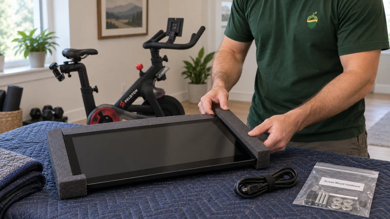 The edges of a detached exercise-bike screen are protected; its cable and labeled hardware are kept together A detached contemporary exercise-bike touchscreen with protected edges and its hardware kept together