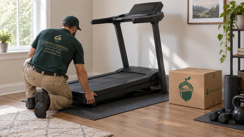 An assembled treadmill placed on an equipment mat in a receiving room