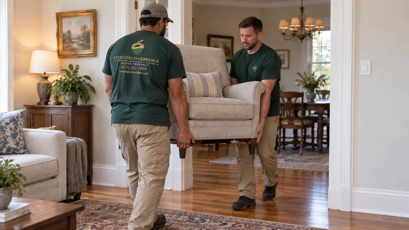 Two movers carrying an armchair between rooms on the same floor Two movers carrying an armchair between rooms on the same floor
