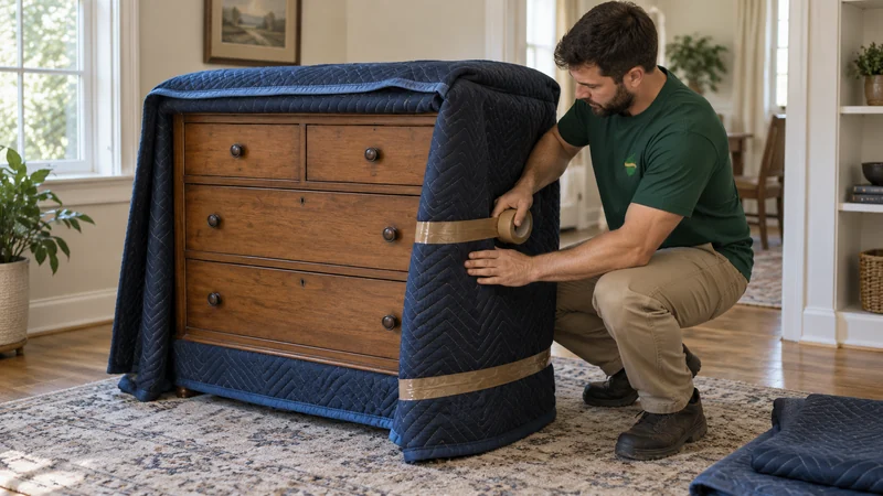 An emptied chest of drawers being protected before moving An emptied chest of drawers being protected before moving