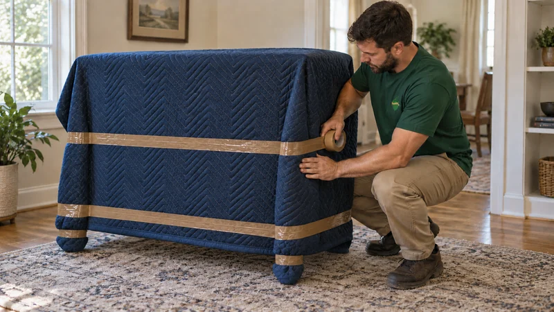 A mover securing protective blankets around a chest of drawers A mover securing protective blankets around a chest of drawers