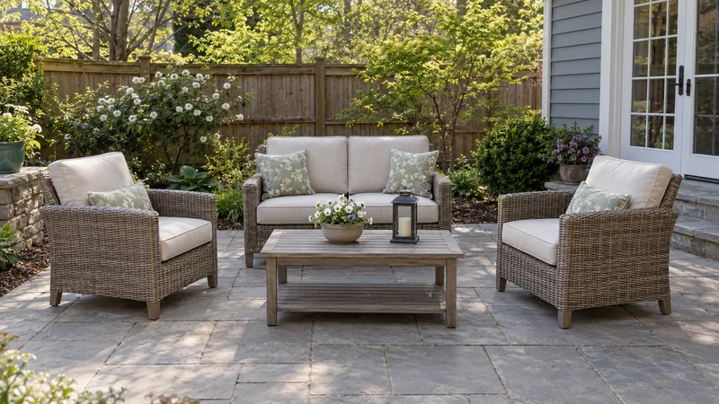 Patio seating is arranged outdoors beside the garden Outdoor seating arranged on a patio after seasonal furniture placement