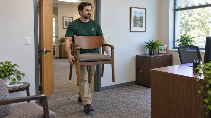 A mover carrying a visitor chair between rooms in the same office building A mover carrying a visitor chair between rooms in the same office building