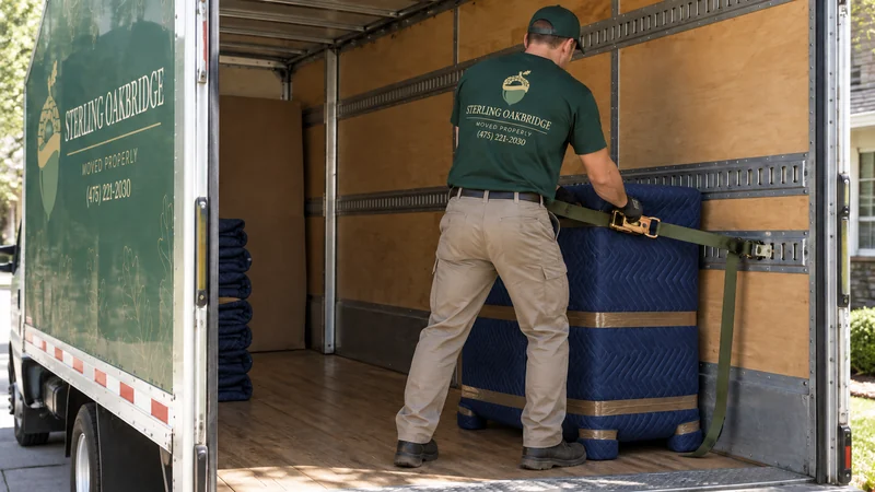 A mover securing a protected cabinet inside a stationary moving truck A mover securing a protected cabinet inside a stationary moving truck
