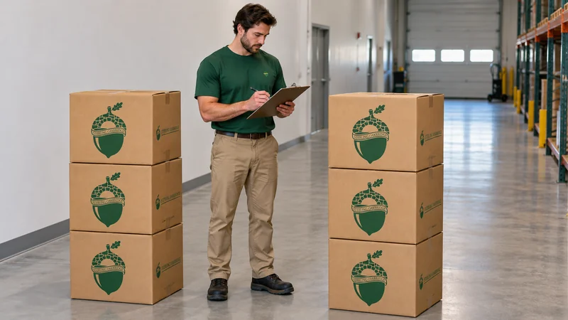 A mover checking six sealed branded cartons grouped as a small shipment