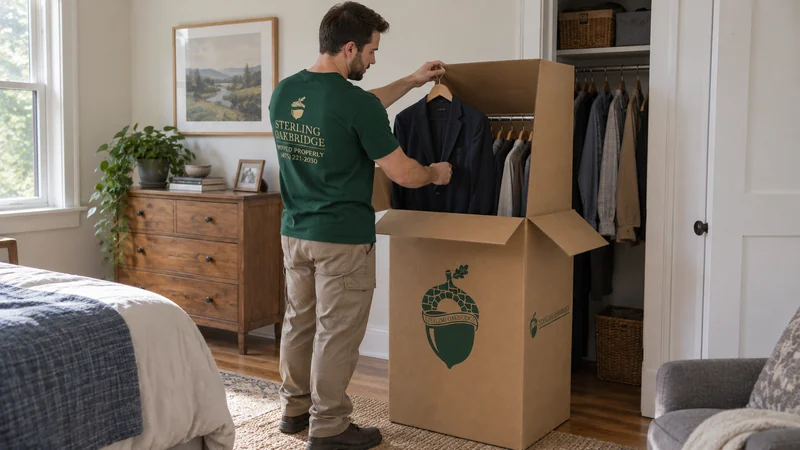 A mover taking a hanging jacket from a branded wardrobe carton A mover taking a hanging jacket from a branded wardrobe carton