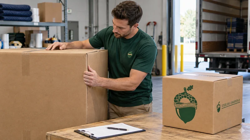A mover checking the exterior of an arriving furniture carton A mover checking the exterior of an arriving furniture carton